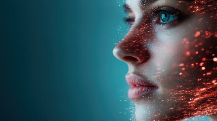 A side profile of a woman is featured against a teal background with a captivating red digital overlay spreading across the face, enhancing the futuristic feel.