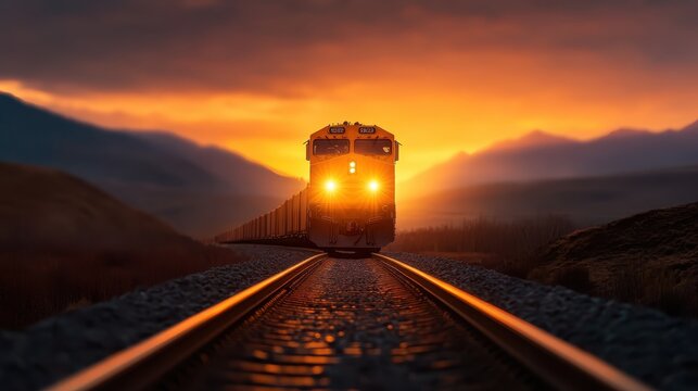 A front view of a train under warm evening light, approaching with a dramatic glow over the landscape, highlighting a peaceful and adventurous travel theme.