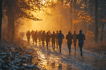 A group of friends jogging together in the morning, capturing a vibrant and energetic atmosphere, promoting an active and healthy lifestyle, perfect for motivational and inspiring content.
