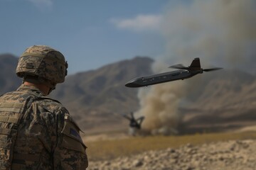 Soldier launches drone. Military combat drone into flight