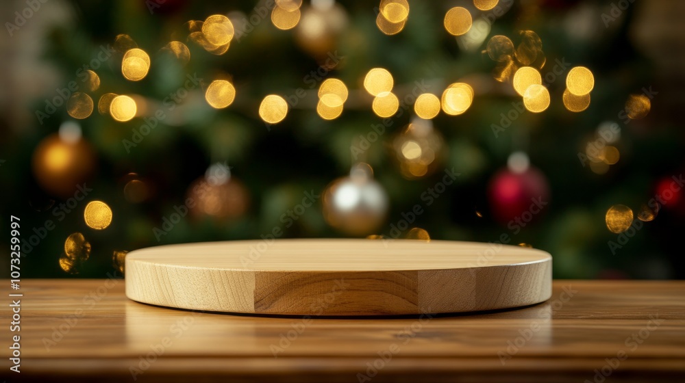 Poster a wooden round table with a christmas tree in the background