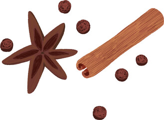 Hand-drawn Cooking Spices Cinnamon, Star Anise, Black Pepper