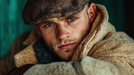 Portrait of a man wearing a wool overshirt and flat cap, looking directly at the camera with an intense gaze, exuding warmth and rugged style.