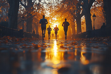 A group of friends jogging together in the morning, capturing a vibrant and energetic atmosphere, promoting an active and healthy lifestyle, perfect for motivational and inspiring content.
