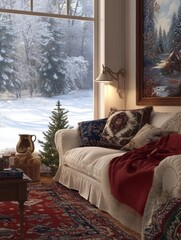 Cozy Living Room with Snowy Winter View and Christmas Decor