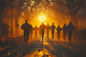 A group of friends jogging together in the morning, capturing a vibrant and energetic atmosphere, promoting an active and healthy lifestyle, perfect for motivational and inspiring content.
