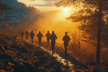 A group of friends jogging together in the morning, capturing a vibrant and energetic atmosphere, promoting an active and healthy lifestyle, perfect for motivational and inspiring content.
