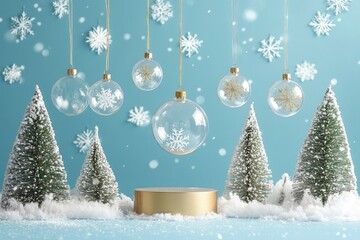 Christmas hanging decorations, transparent balls, fir trees, snowflakes and golden podium on blue background Concept for Christmas sales, promotions, with generative ai