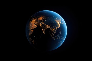 Fototapeta premium The surface of the Earth is illuminated by city lights, highlighting urban areas in Asia and neighboring regions against a dark backdrop of space