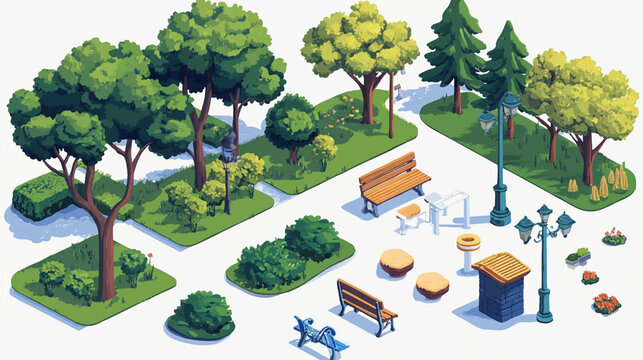 Isometric 3d illustration park trees forest nature elements flat design background for landscape design. Vector isolated for a city map, games, and your town.