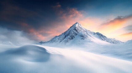 A stunning snowy mountain peak is illuminated by the first light of sunrise in a breathtaking winter landscape, presenting beauty and solitude in nature's design.