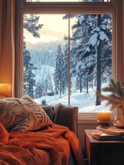 Cozy Living Room with View of Snowy Forest and Sunset