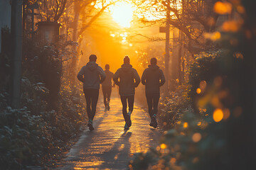 Fototapeta premium A group of friends jogging together in the morning, capturing a vibrant and energetic atmosphere, promoting an active and healthy lifestyle, perfect for motivational and inspiring content. 