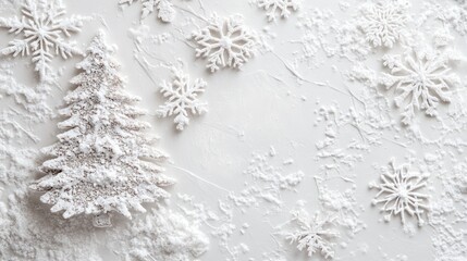 Elegant holiday decor with delicate snowflakes and minimalist tree on a pure white canvas