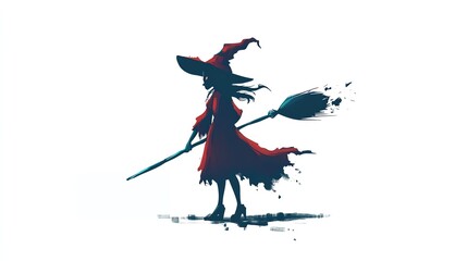 Fototapeta premium a 2D cartoon illustration of a Halloween witch with a broomstick, spooky and fun, white background--ar 16:9