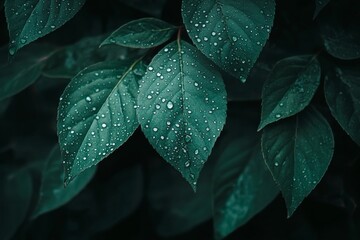 Fototapeta premium Close-up of a green leaf with water droplets.