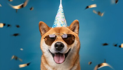 In a celebration party hat and sunglasses, a cute shibu inu dog poses