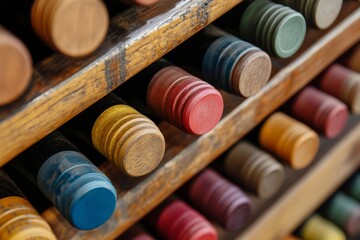 Wine cellar. The bottles feature various colored caps.