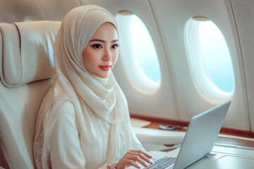 Fototapeta premium Muslim Businesswoman Working in Luxury Business Class Cabin