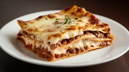 A savory and perfectly layered lasagna slice with melted cheese and rich meat sauce, garnished with herbs, presented on a white plate, ideal for food lovers.