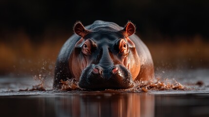 Fototapeta premium A dynamic image of a hippo charging through water, splashing dramatically, embodying the raw power and intense energy that these impressive creatures possess.