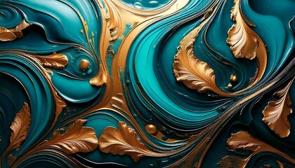 Turquoise and Gold Fluid Art with Metallic Accents, Natural Flow and Shine
