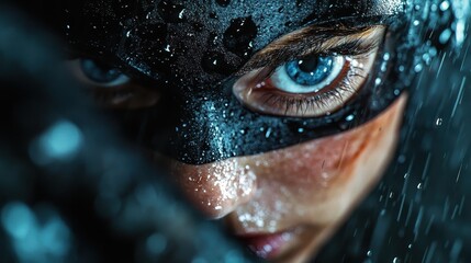 Close-up of a face wearing a black mask under falling rain, with piercing blue eyes, portraying mystery, resilience, and intensity in a dramatic setting.