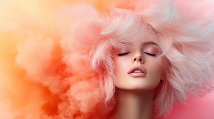 A serene image of a woman with pink hair, eyes closed amidst an orange and yellow mist, highlighting her tranquil expression and the softness of the scene.