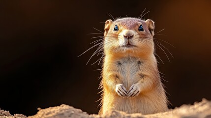 A charming prairie dog emerges from its burrow, alert and curious. This cute scene captures the innocence and wonder of wildlife in its natural habitat.