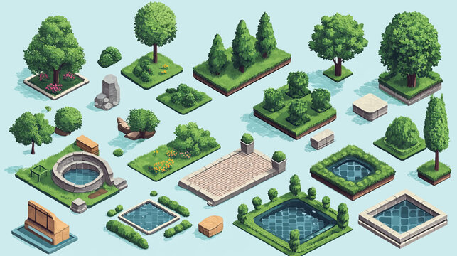 Isometric 3d illustration park trees forest nature elements flat design background for landscape design. Vector isolated for a city map, games, and your town.