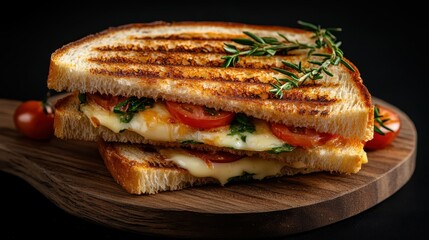 This artisan grilled cheese sandwich oozes melted cheese alongside fresh tomatoes and herbs, all bordered by golden, toasty bread, composing a delightful food scene.