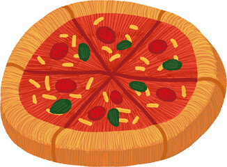 Hand-drawn Sliced Round Pepperoni Pizza illustration