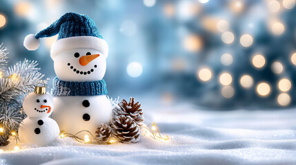 cheerful snowman and smaller snowman with blue hat, surrounded by pinecones and twinkling lights in winter wonderland. scene evokes festive holiday spirit