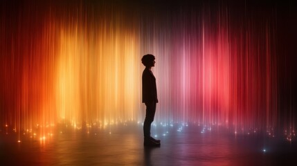 A person is depicted in profile amidst a stunning wall of vibrant colored lights, suggesting individuality, transition, and exploration in a futuristic aesthetic.