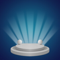 two white podiums with two spheres on a blue background and spotlights