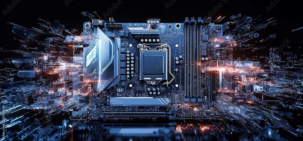 Poster a close-up view of a motherboard, the central processing unit (cpu) in the center, surrounded by a c