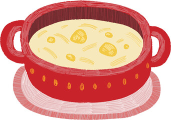 Hand-drawn Creamy Corn Soup in Red Handled Cup