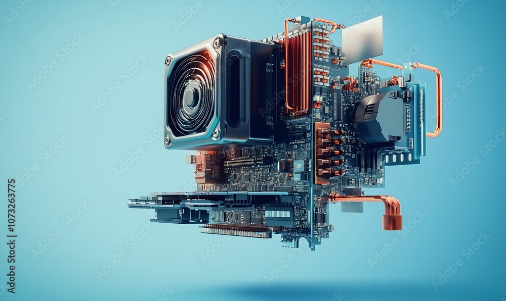 Poster a computer motherboard with a cpu cooler, ram, and other components isolated on a blue background.