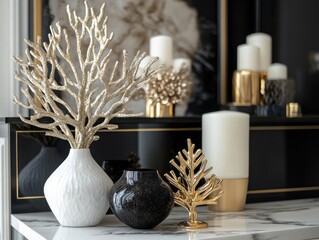 Obraz premium Gold and Black Decorative Ornaments on a Marble Tabletop