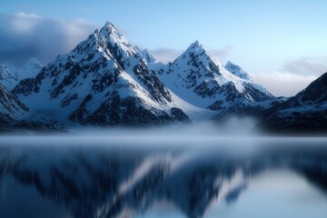A tranquil winter morning showcases majestic snow-capped mountains beside a perfectly still lake, reflecting the beauty of nature in soft light