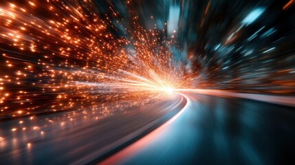Vibrant speed light trails burst down a futuristic digital highway, embodying the essence of motion, speed, and modern cyber navigation concept.