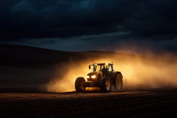 Fototapeta premium A powerful tractor operates in the fields during dusk, kicking up dust while its lights pierce through the darkening landscape, showcasing rural life