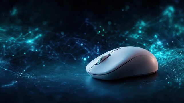 A modern white computer mouse resting on a glowing digital network background, illustrating technology and connectivity in a contemporary style.