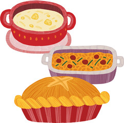Hand-drawn corn soup with lasagna and chicken pot pie illustration