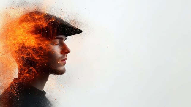 A striking portrait of a man wearing a black hat, artistically embellished with fiery elements, creating a dynamic and abstract representation against a stark white background.