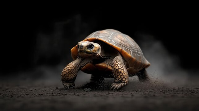 A dynamic image of a turtle in motion across a dusty terrain, capturing the essence of movement and the determination found in the natural world.