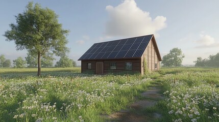 Fototapeta premium A rustic wooden house with solar panels surrounded by a field of wildflowers and lush greenery on a sunny day.