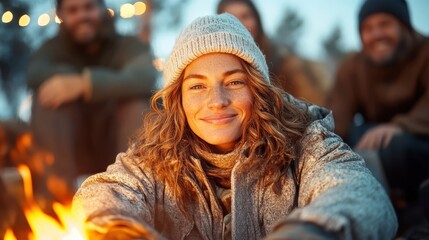 A woman, warmly dressed in a cozy sweater and beanie, smiles joyfully by the fireside at twilight, capturing warmth, happiness, and connection in a relaxed outdoor setting.