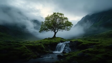A solitary tree stands atop a green hill, surrounded by gentle mist, with a small waterfall below, creating a mystical scene in a mountainous setting at dawn.