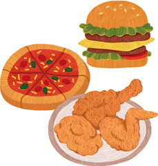Hand-drawn burger pizza and fried chicken illustration